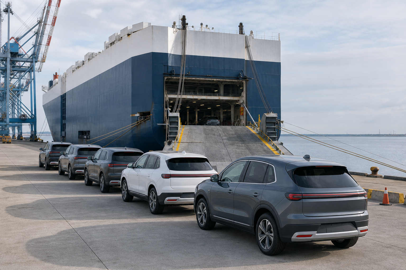 Vehicles queued beside a roll-on roll-off carrier at a commercial port