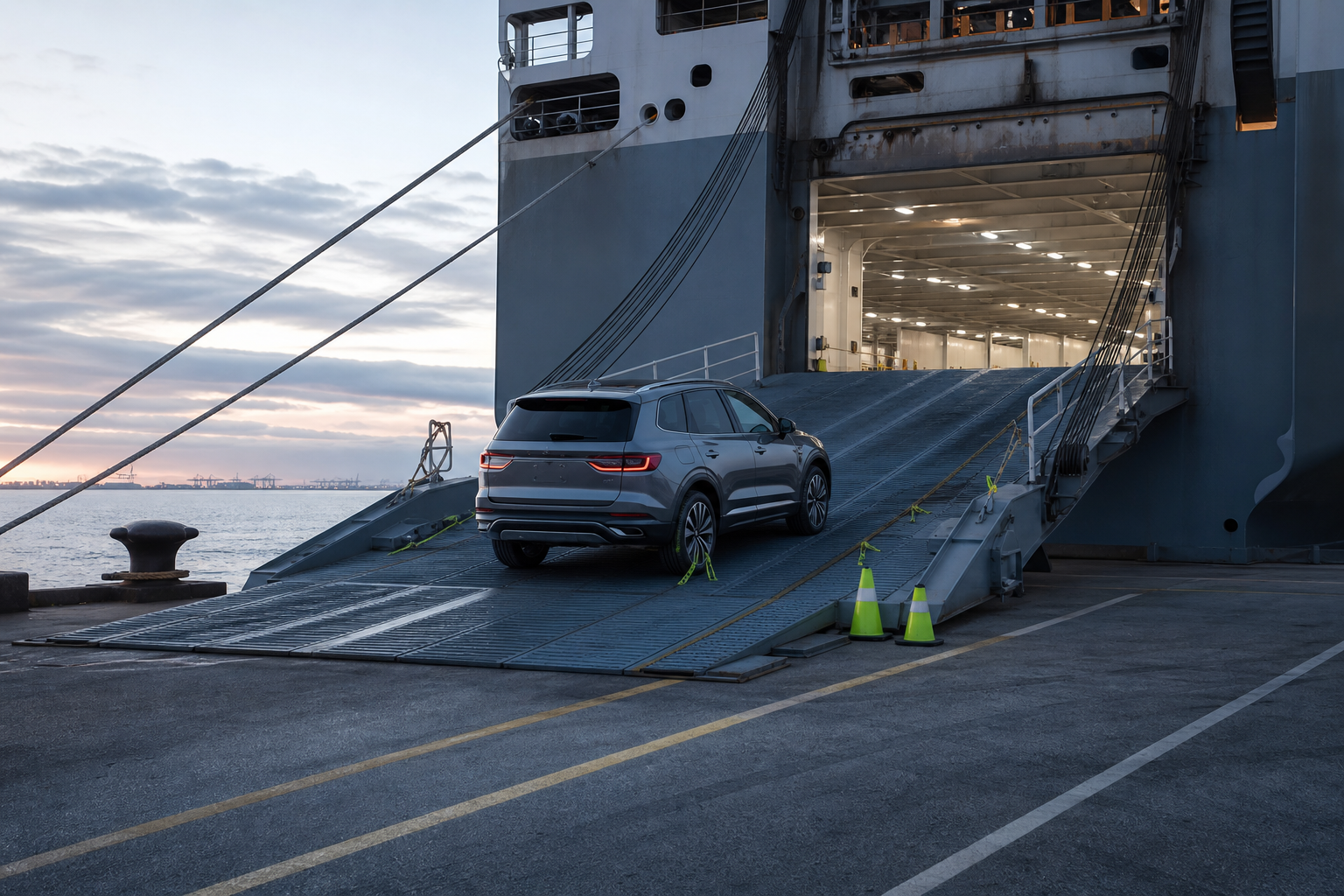 Vehicle positioned at a commercial port for shipping coordination